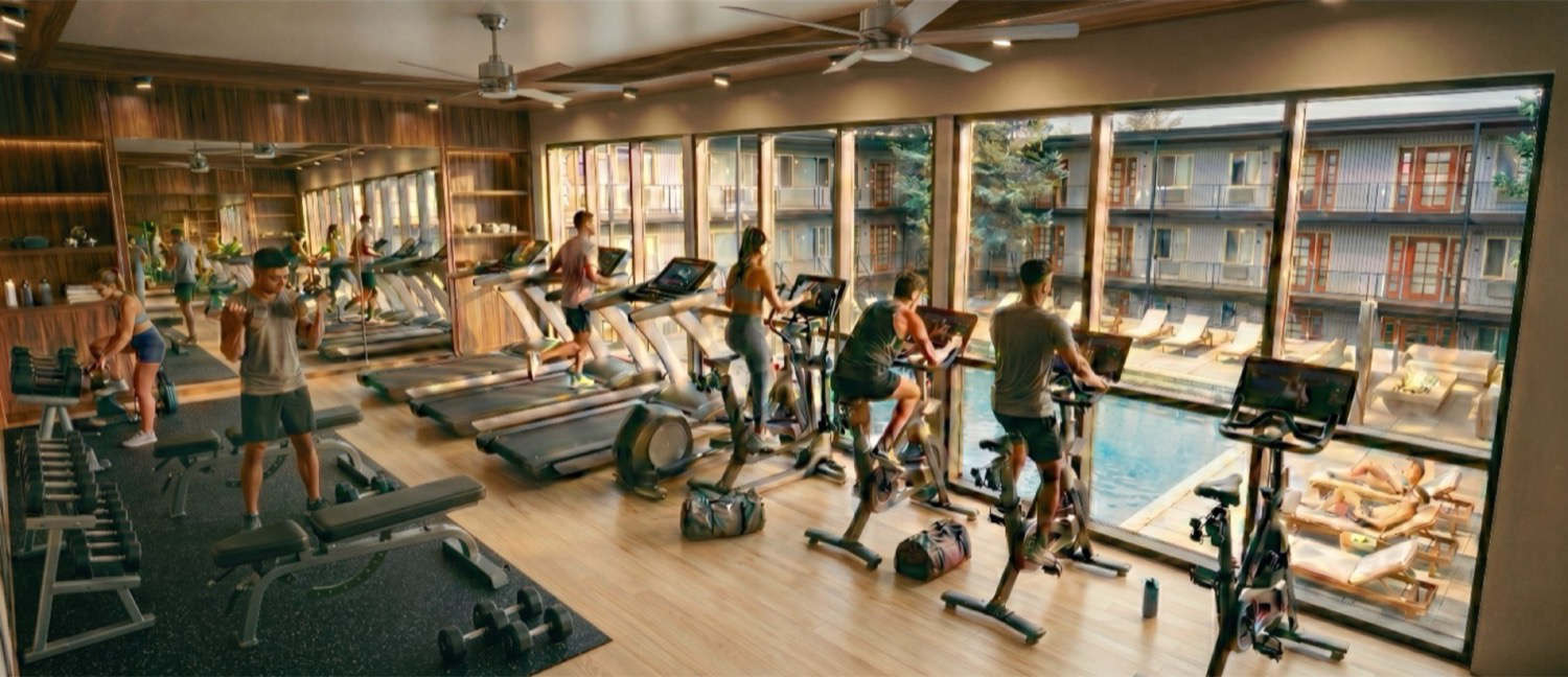 Fitness center overlooking the new pool — rendering