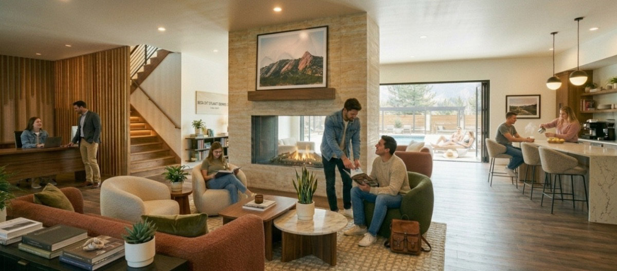 Resident lounge with fireplace and coffee bar — rendering